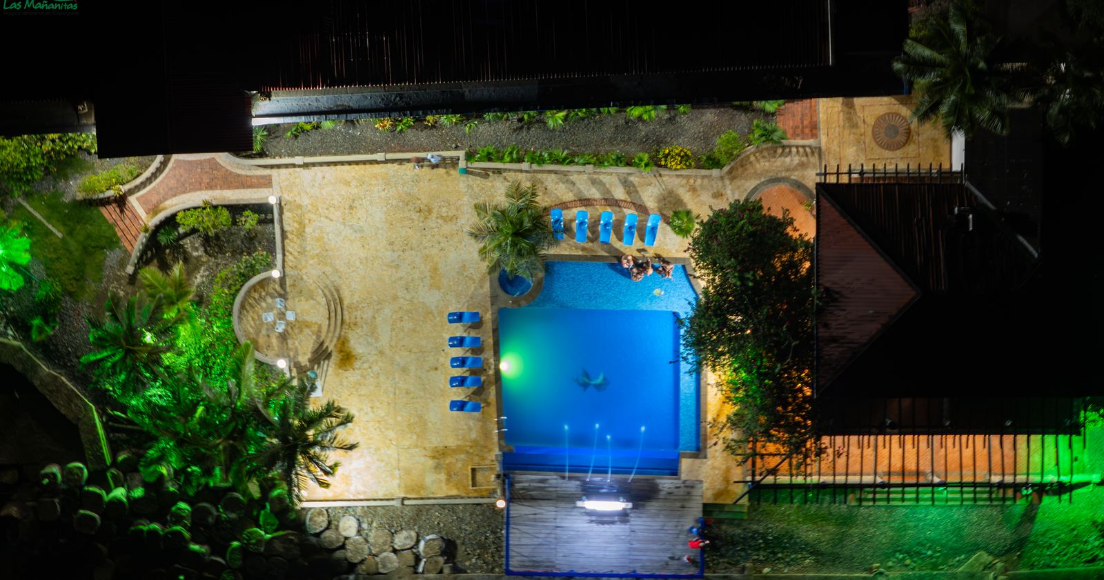 The hotel from above at night